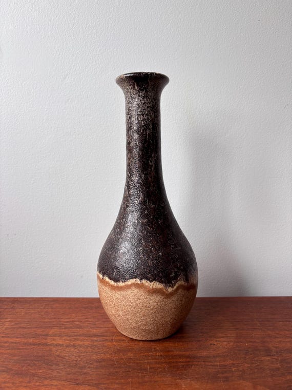 Vintage Fat Lava Glaze Brown Beige Long Neck Bottle German Pottery