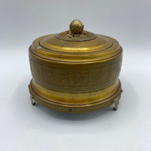 Antique Gold Filigree Footed Powder Puff Music Box, Vintage Dresser Box