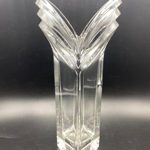 Vintage Art Deco V-Shaped Clear Crystal Vase by Mikasa 11.75”