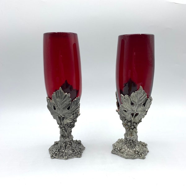 Ballena Bay Pewter Red Glass Pilsner Goblet with Pewter Grape Leaf Base set of 2, Handcrafted Pewter Barware