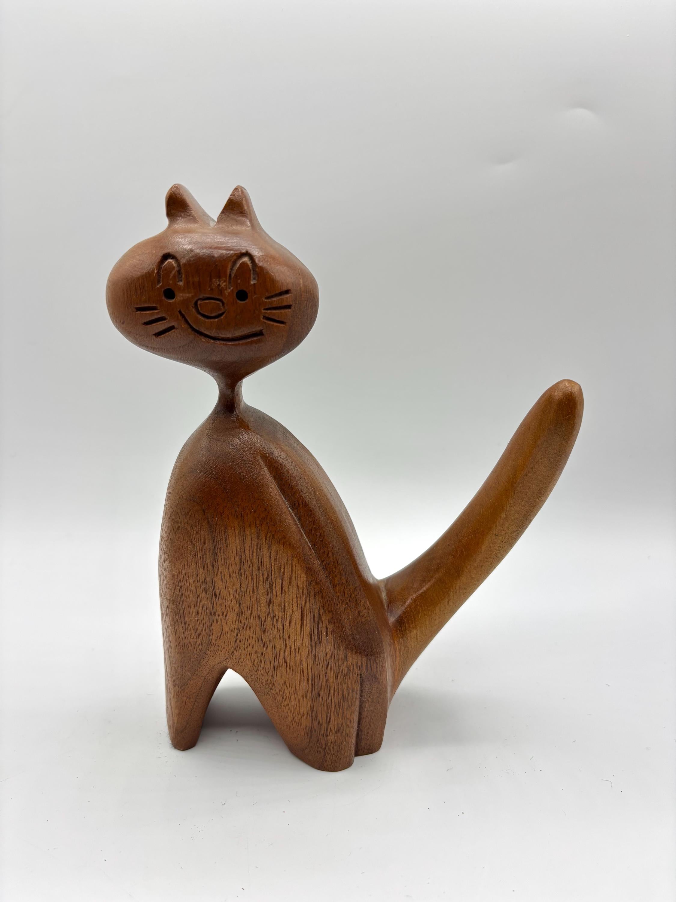 Norman Peterson Hand Carved Wood Cat Canada Figurine, Vintage MCM Smiling Carved Wood Cat 8”