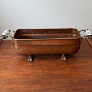 Vintage Rectangular Copper Jardinière with Brass Claw Feet and Ceramic Delft Double Handles