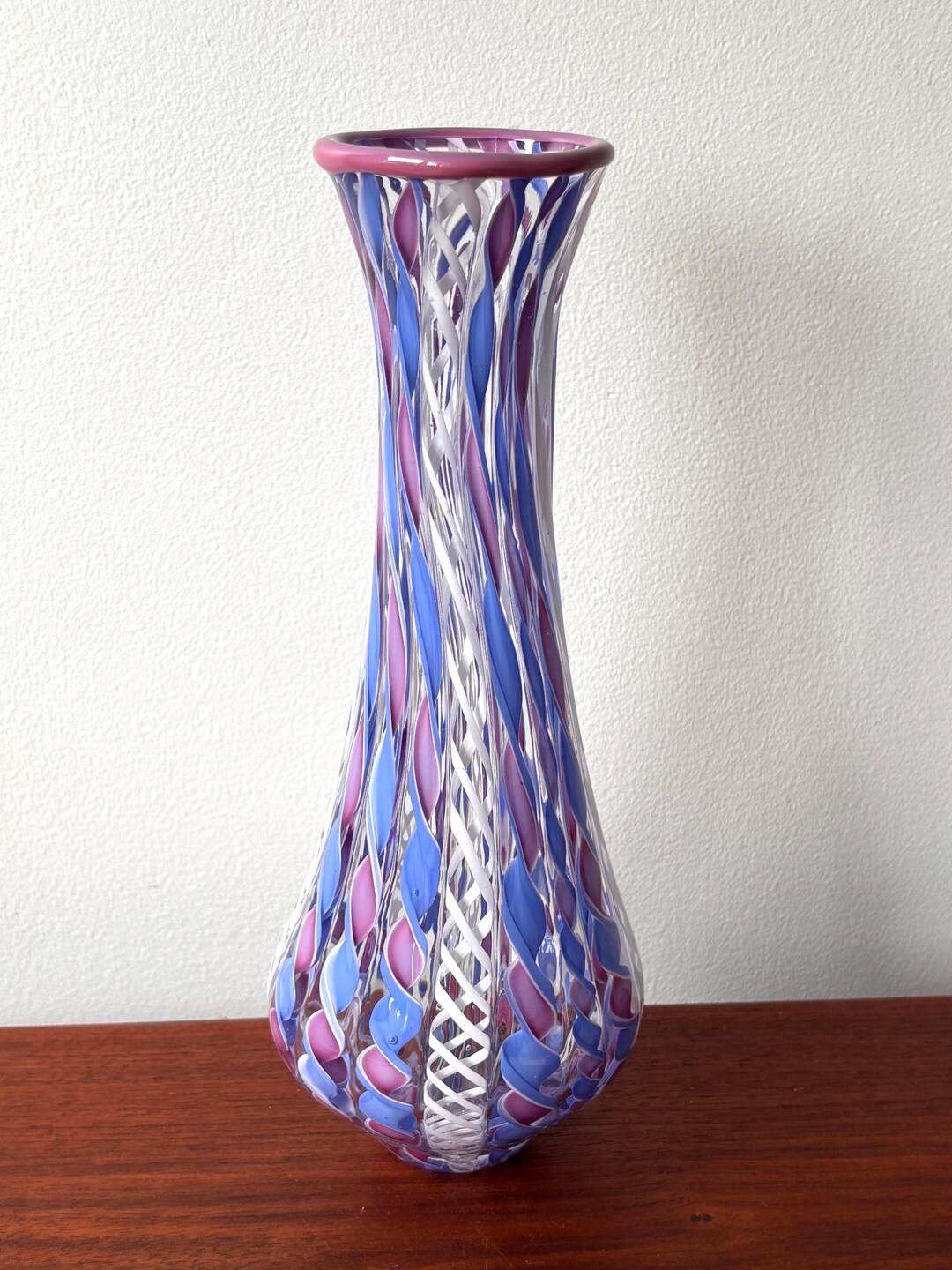 Vintage Murano Art Glass Vase: Pink, Purple & Blue Ribbon