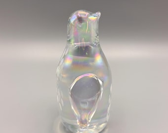 Vintage Clear Iridescent Art Glass Penguin with White Confetti Detail 3.75”
