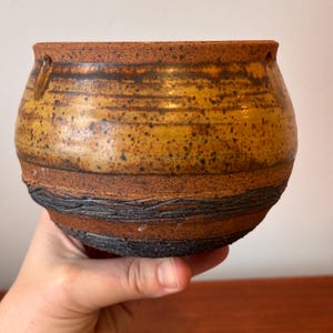 Vintage studiosteengoed getextureerde aardetinten kunst aardewerk bruine en gele hangende plantenbak