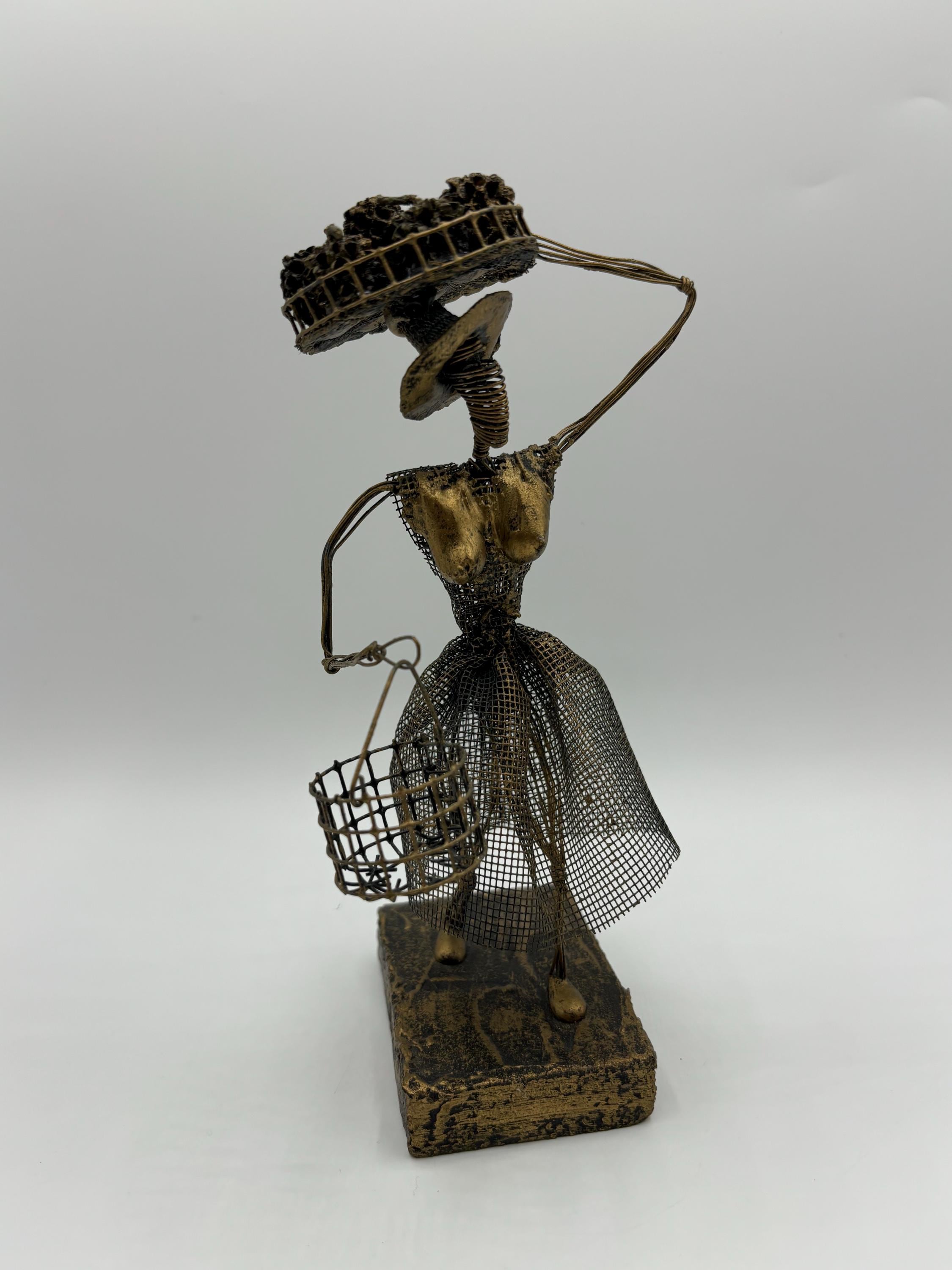 Vintage MCM Wire Sculpture: Lady With Fruit Basket by Alfred