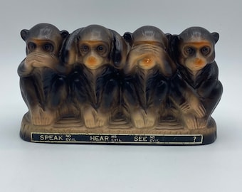 Vintage 4 Monkey Coin Bank “See No Evil, Hear No Evil, Speak No Evil ?”, Kitschy Monkey Figurine Japan