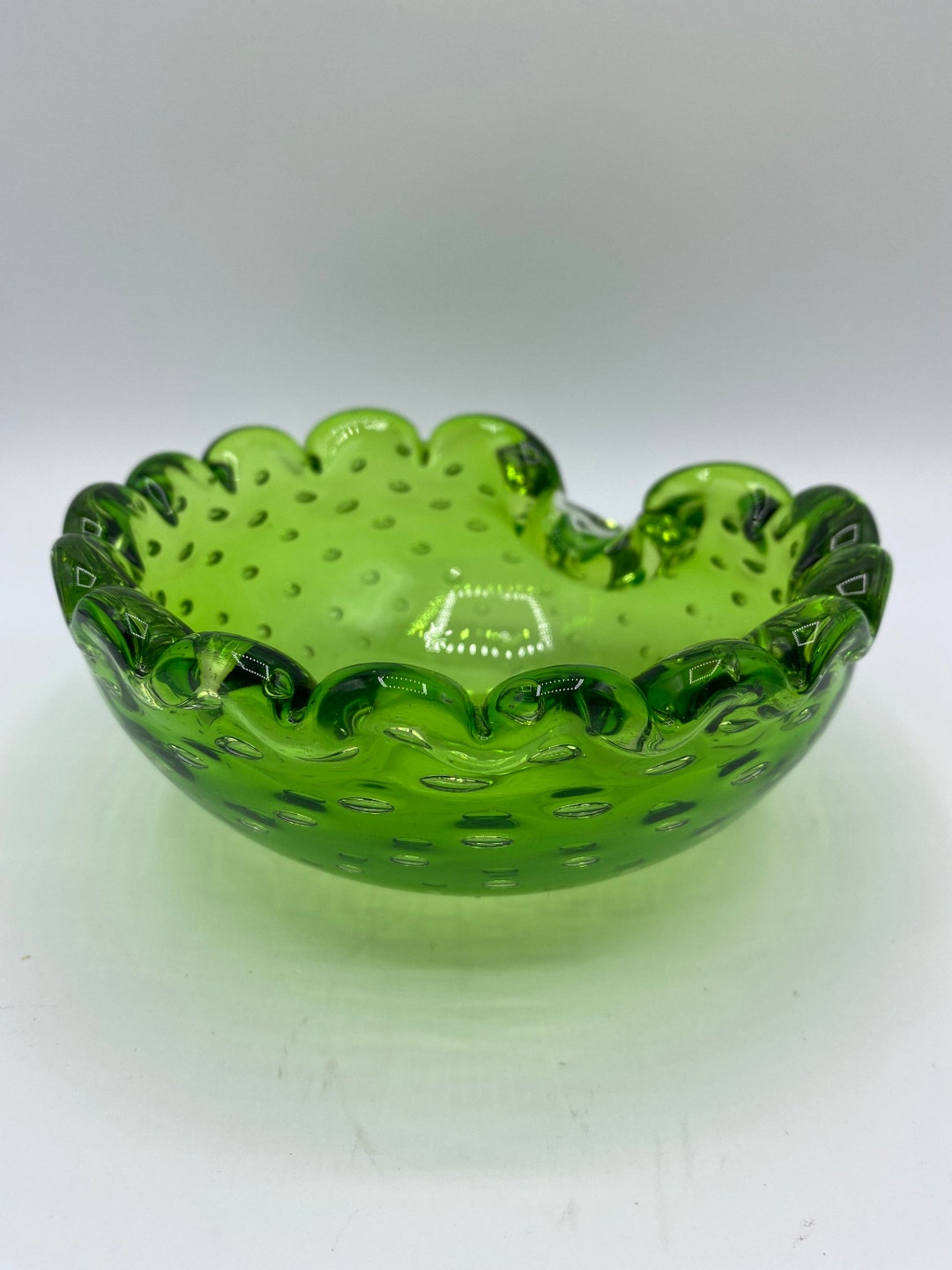 Murano Glass Vintage Ashtray Bowl in Green W/ Scalloping W/ Curled Lip ...