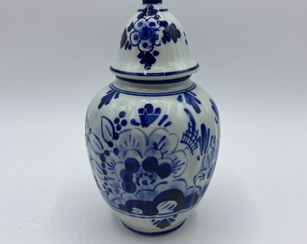 Vintage Delft Blue Blauw Lidded Urn Vase Jar with Handpainted Blue White Floral Design, Made in Holland