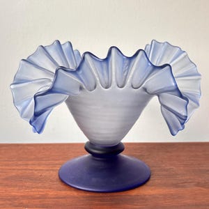 Vintage MCM Satin Glass Cobalt Blue Ruffle Fluted Vase 8”