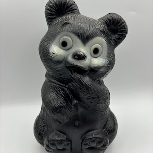Vintage Reliable Plastic Black Bear Cub Blow Mold, Vintage Plastic Coin Bank Mid Century