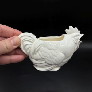 Antique White Rooster Erphila German Porcelain Small Creamer Pitcher, Antique Farm House Decor, Vintage Ear Shape Handle Rooster Pitcher 4”