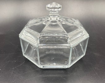 Vintage Octagon Shape Arcoroc France Clear Glass Covered Candy Dish