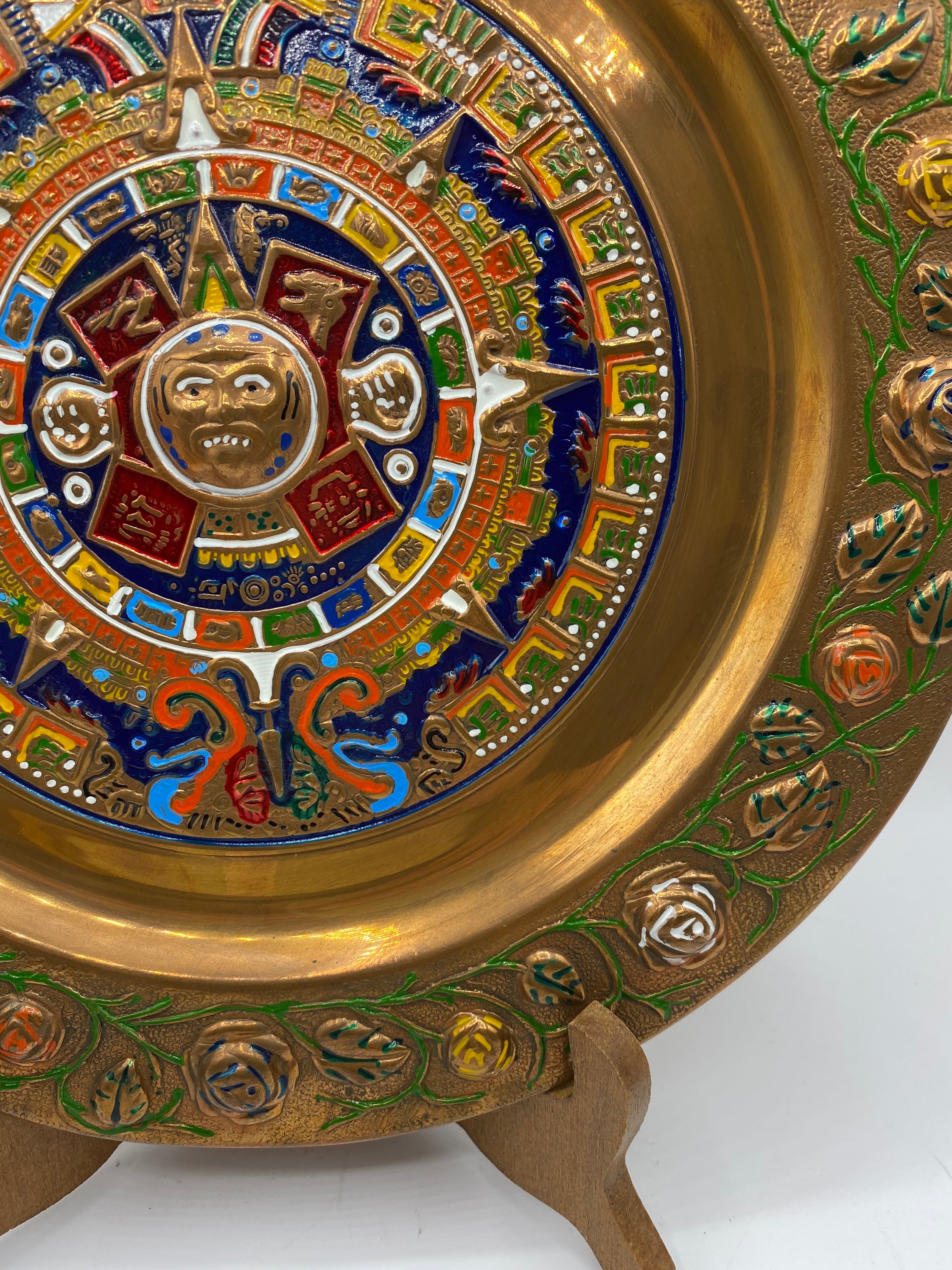アステカカレンダー銅板：カラフルなメキシコの壁アート（11インチ