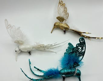 Vintage Blue and White & Gold Sequin Clip on Hummingbird Ornaments (Sold Indivually)