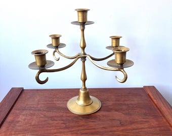 Centro de mesa candelabro vintage de latón de 5 brazos, portavelas cónico de estilo campestre francés