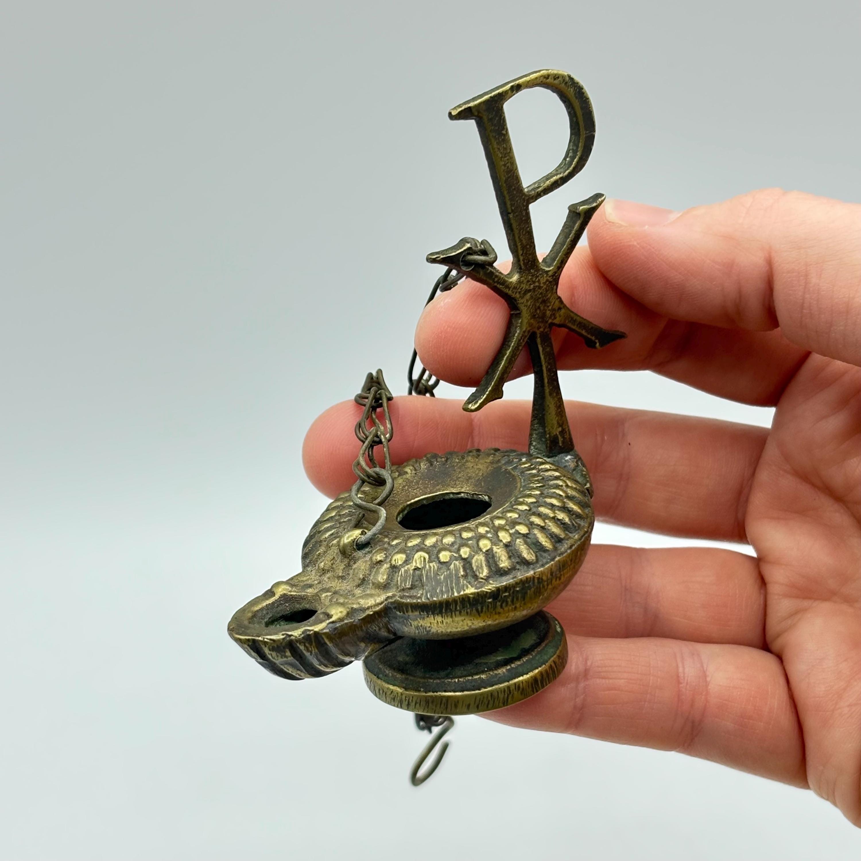 Antique Miniature Greek Bronze Oil Lamp, Chi Rho Christ Symbol PX