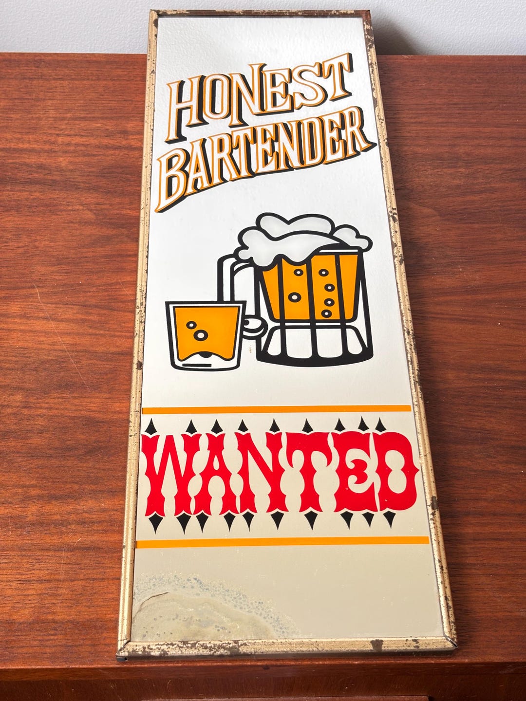Vintage “honest Bartender Wanted” Hanging Wall Mirror Bar Sign