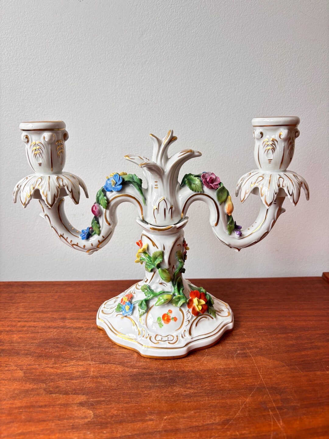 Antique Carl Thieme Dresden Porcelain Two Arm Candelabra With Hand
