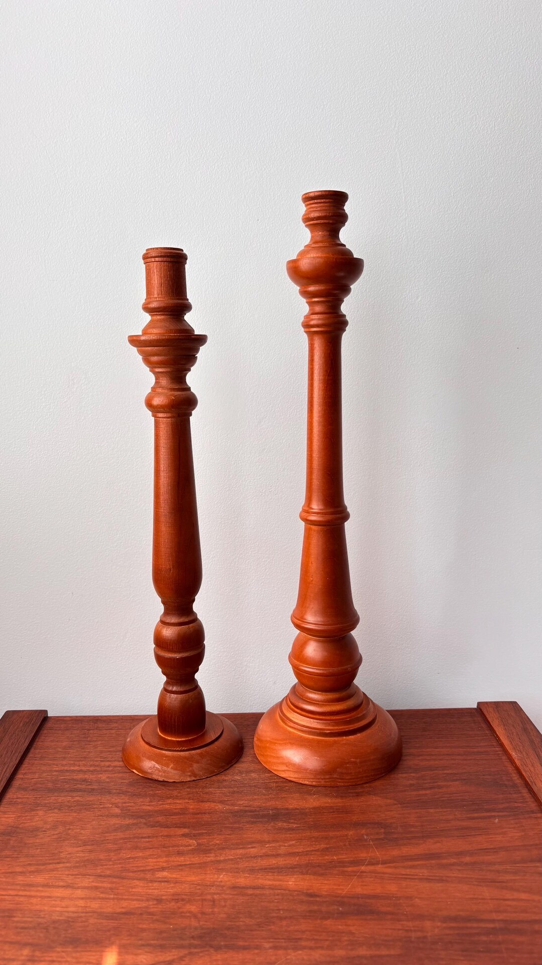 Vintage Medium Tone Wood Turned Pillar Candlestick Holders Set of 2 - Etsy