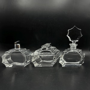 Vintage Czech Art Deco Glass Vanity Set: Faceted Perfume Bottles, Trinket Box