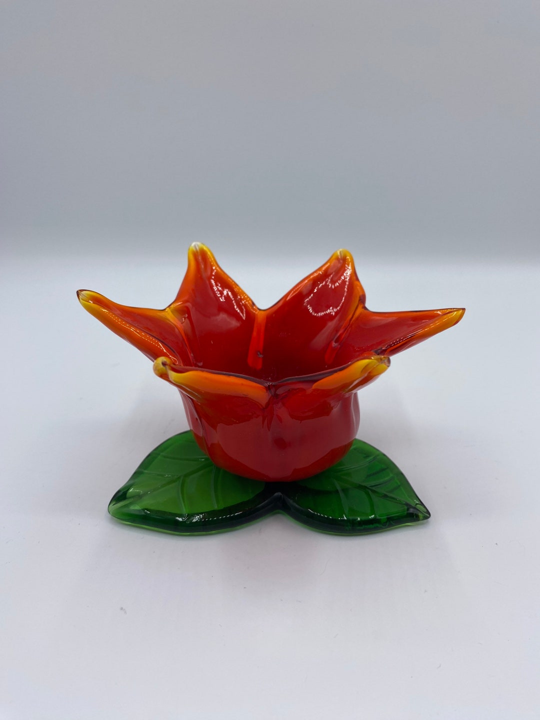 Vintage Glass Flower Votive Candle Holder Green and Orange Etsy