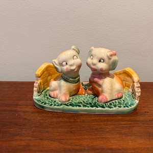 Vintage Puppy Dog Fido And Flossie 3 Piece Salt & Pepper Shakers, Mid Century Japan Anthropomorphic Side Eye Dog Salt and Pepper