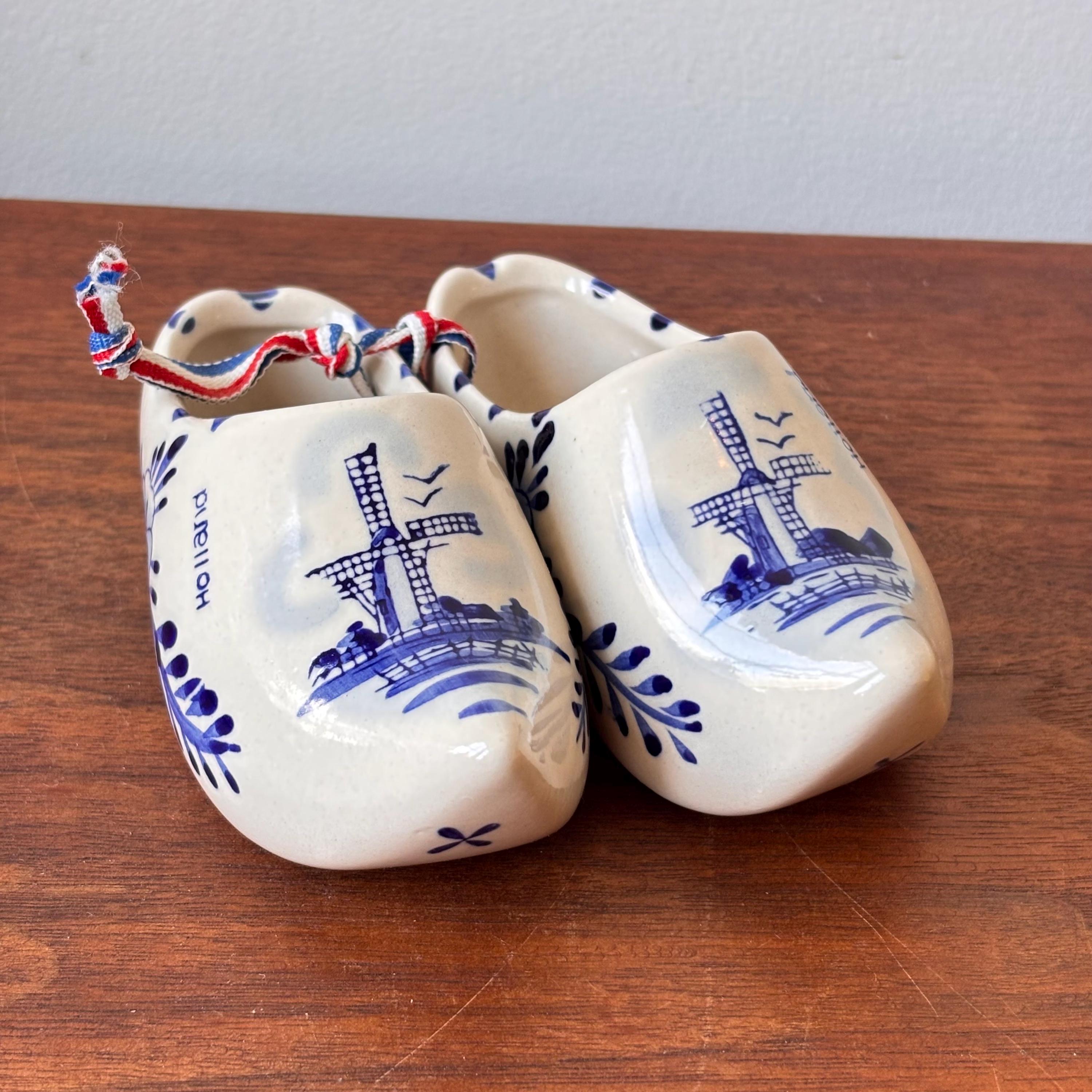 風車モチーフのヴィンテージデルフトブルー手描き陶器クロンペン