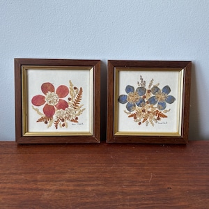 May include: Two framed floral art pieces. One features a red flower with brown and white accents, the other has blue flowers with similar accents. Both are in brown frames with gold inner borders, set against a cream background.