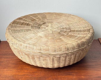 Cesta de costura redonda china vintage de mimbre pintado, cesta de costura