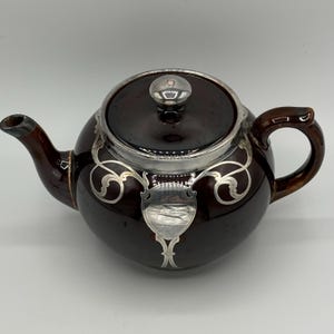 Antique Art Nouveau English Redware Pottery Teapot with Sterling Silver Overlay