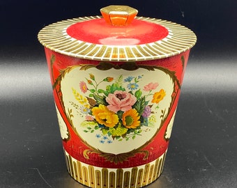Vintage George W Horner Toffees Red and Gold Tin, Made in England Tin Container Round Bucket with Lid Retro Floral Decorative Storage