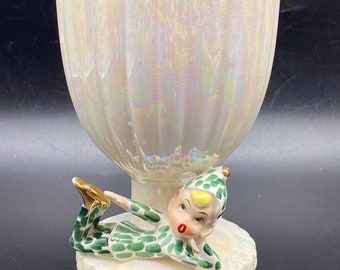 Vintage Lefton ESD groen en goud Pixie Elf Lusterware Planter Pedastal Compote, Kerstvakantie Groen Pixie Elf Servies