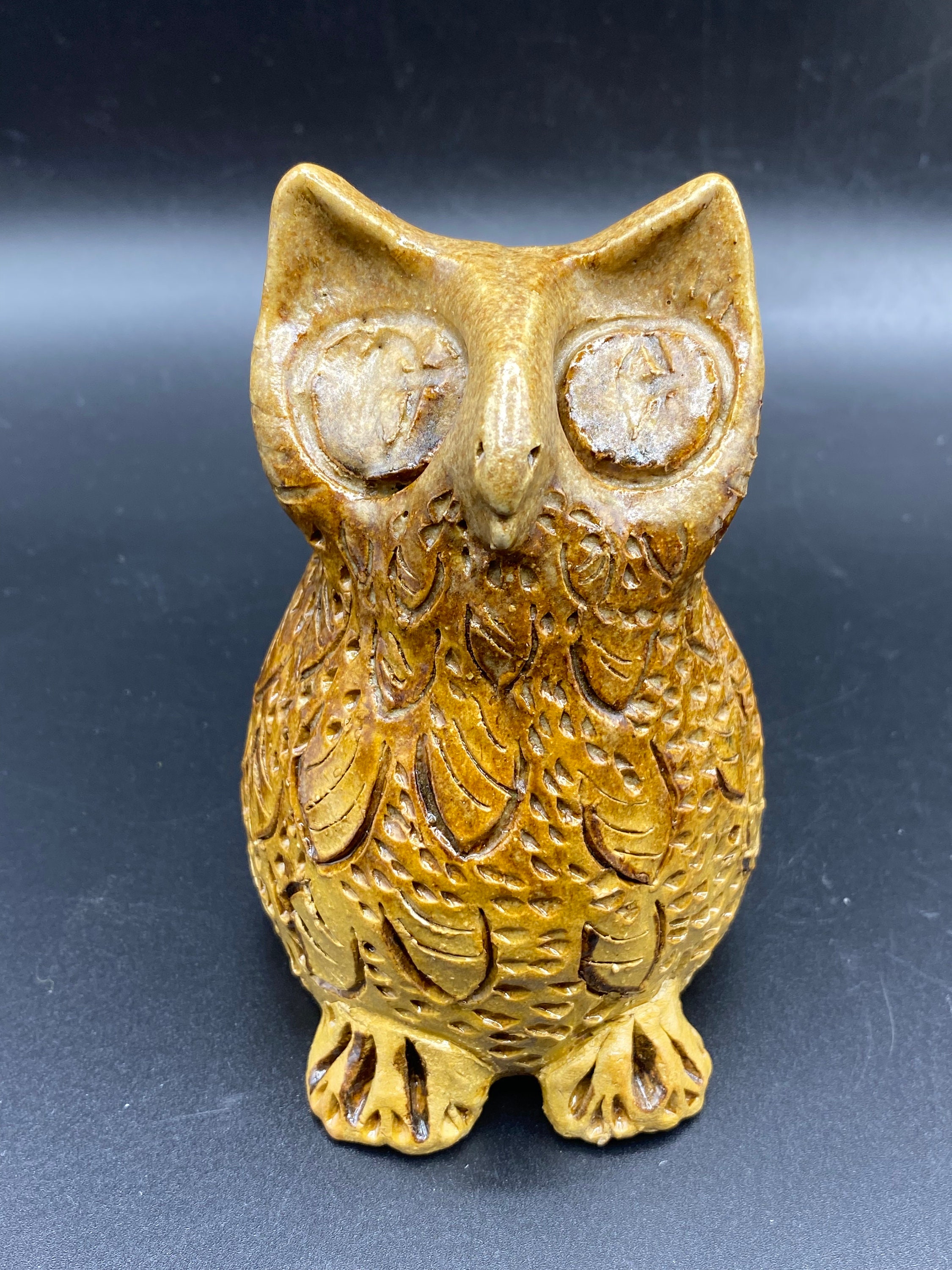 Vintage Carved Pottery Owl Figurine: Studio Folk Art Sculpture