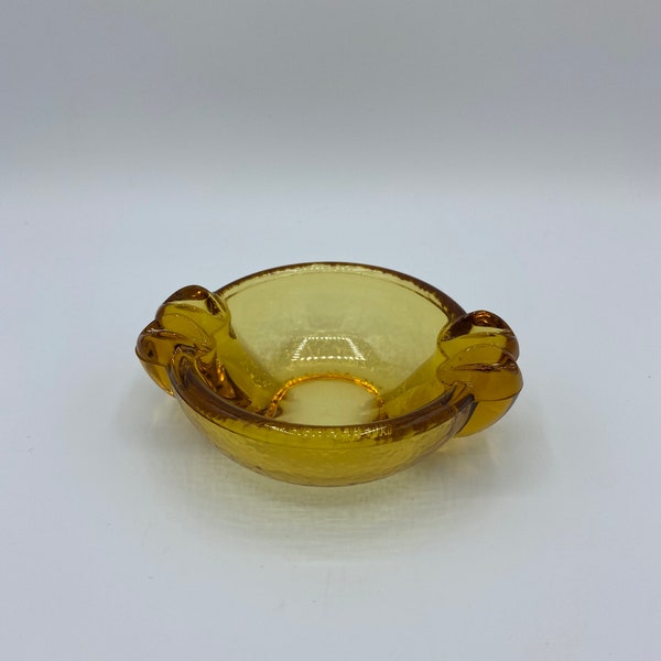 Vintage Amber Glass Mid Century Blenko Style Ashtray Trinket Dish, Thick Amber Art Glass Ashtray