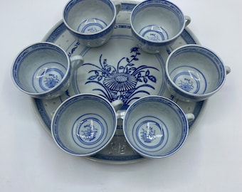 Vintage Chinese Porcelain Rice Pattern Blue and White Handled Tea Cups and Serving Tray,  Set of 7