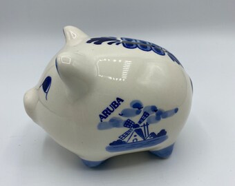 ヴィンテージ ハンドペイント デルフトブルー 豚 貯金箱 ブルー