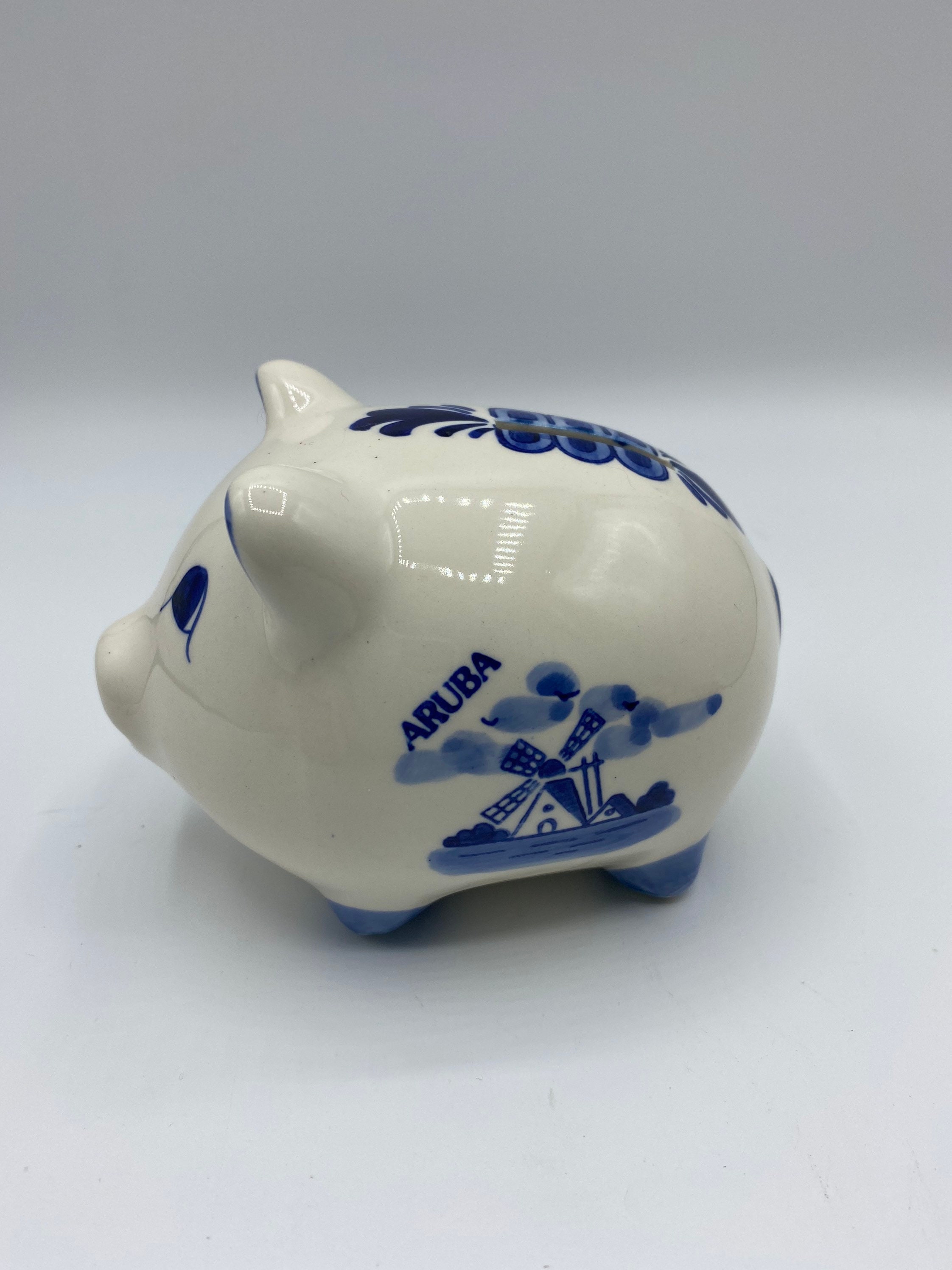 ヴィンテージハンドペイント デルフトブルー 豚貯金箱　ブルーホワイト　風車 花柄 ヴィンテージ ハンドペイント デルフトブルー 豚 貯金箱 ブルー