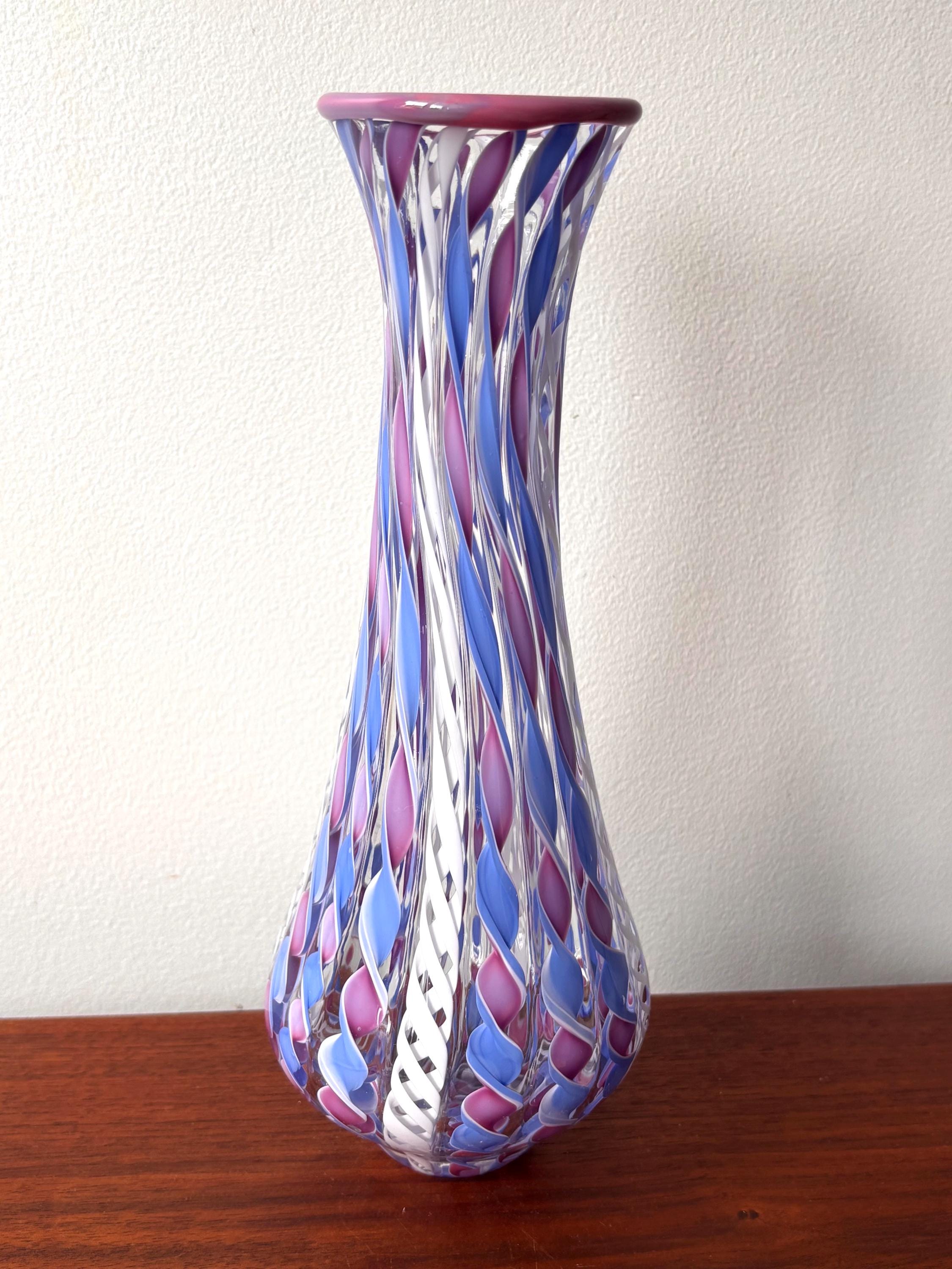 ヴィンテージ ムラーノ アートガラス 花瓶：ピンク、パープル、ブルー