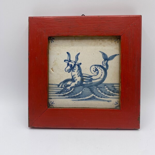 Antique RARE Wood Framed Handpainted Blue and White Dutch Netherland Tile, 17th Century Delft Blueware Ceramic Tile Sea Creature Monster