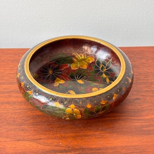 Antique Japanese Cloisonne Bowl: Deep Red Floral Design
