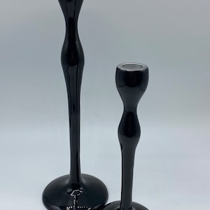 Vintage MCM Black Enamel Candlestick Holders - Graduated Set of 2