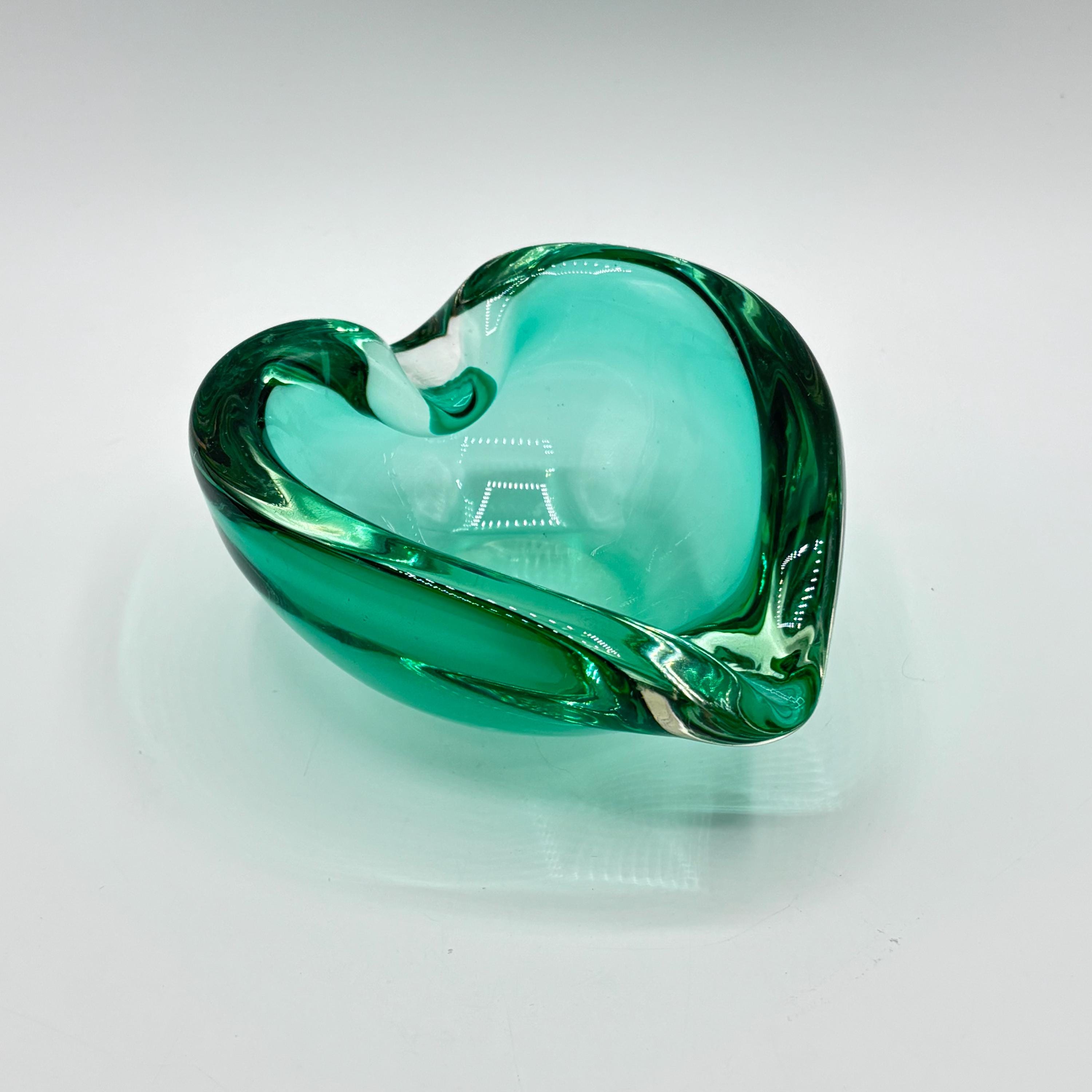 Vintage Murano Green Heart Shaped Art Glass Ashtray Bowl