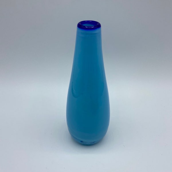 Vintage Baby Blue Art Glass Opaque Bud Vase with Dark Blue Rim