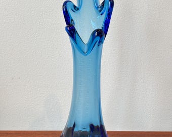 Vintage Blau geschwungene Glasvase: MCM Skulpturale Kunst Dekor 24 cm