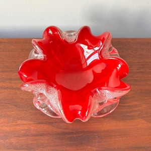 Vintage Murano Ruby Red Art Glass Bowl with Heavy Silver Fleck Adventurine