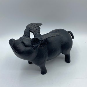 Mid Century Vintage Pig Cast Iron Piggy Bank "When Pigs Fly”, Flying Pig Coin Bank