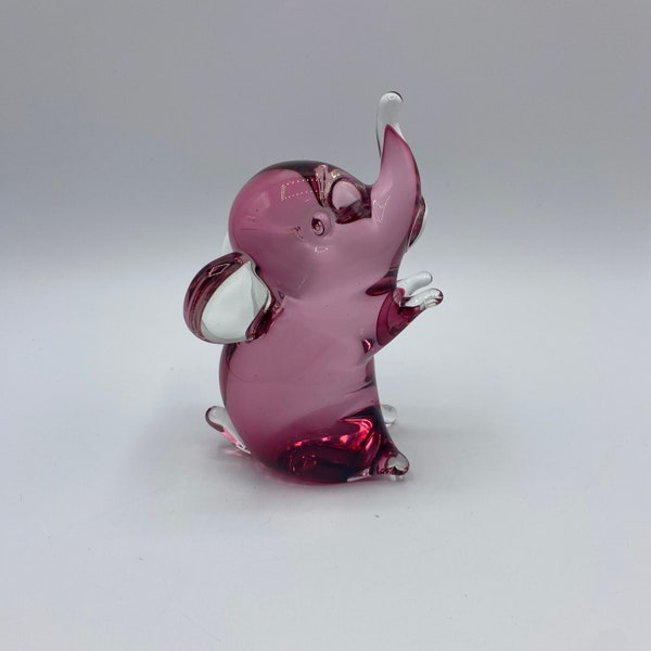 Vintage Cranberry Art Glass Sommerso Lucky Elephant Trunk Up Figurine, Art Glass Elephant Figurine