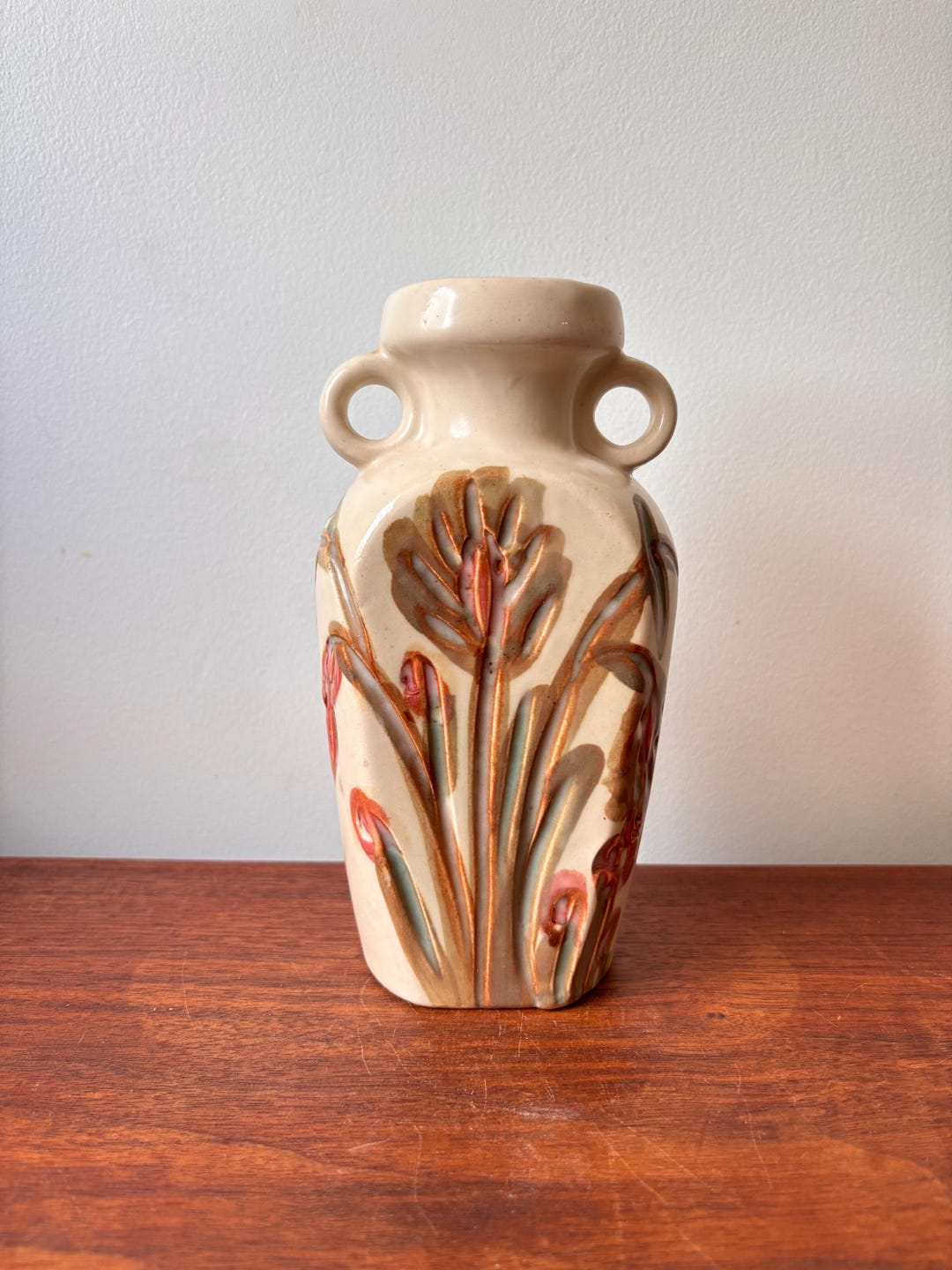 Vintage MCM Kad Yad Israeli Pottery Vase: Pink Floral Cream Decor