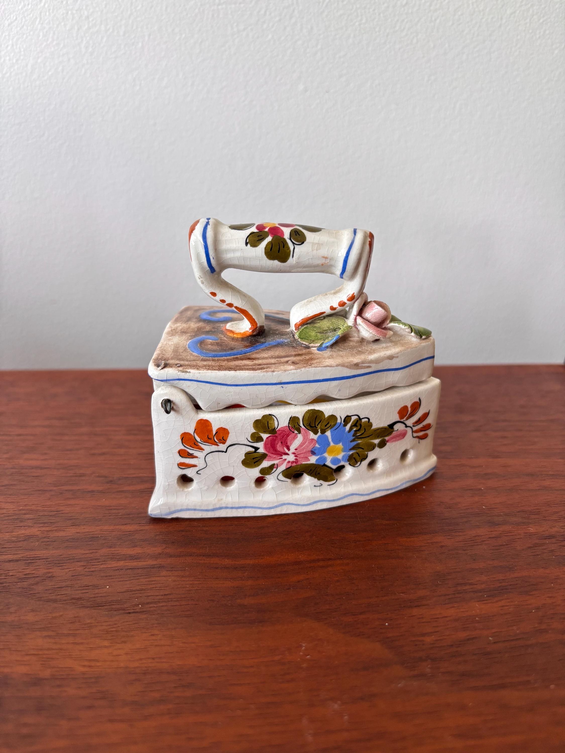 Vintage Handpainted Italian Ceramic Sad Iron Trinket Box: Floral